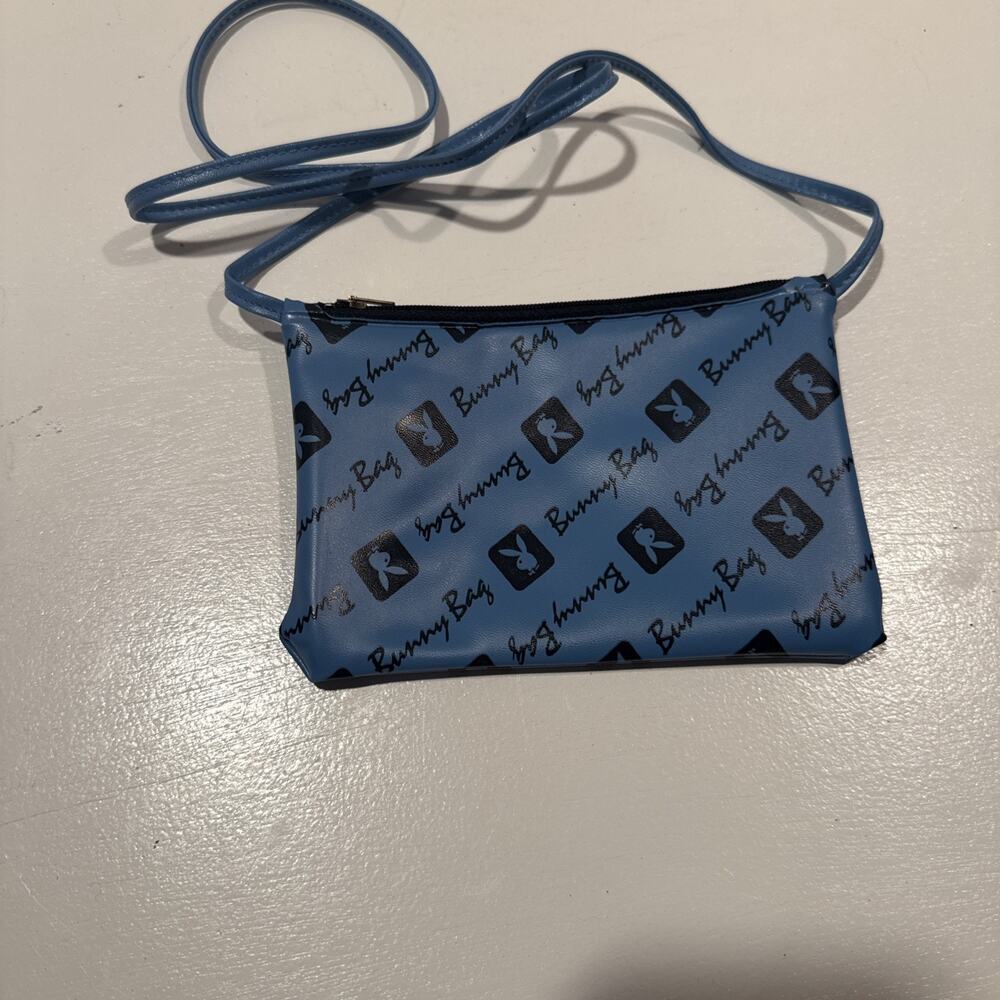 VTG 1970s Playboy Bunny Bag Tip Pouch Gray & Blue Vinyl Zip Top With Strap